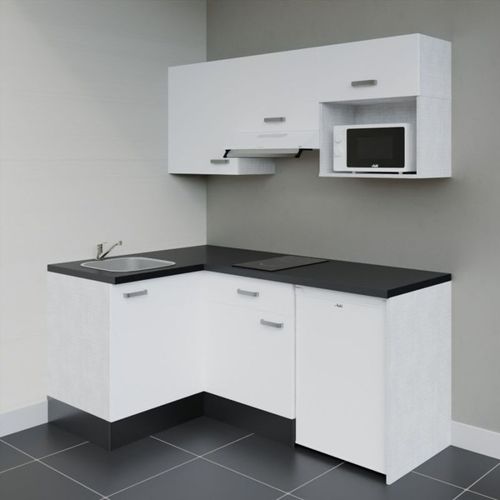 Kitchenette D'angle Ka03l-pt-façade Blanc-plan Noir Texturé-evier Inox-crédences Non+electro Blanc
