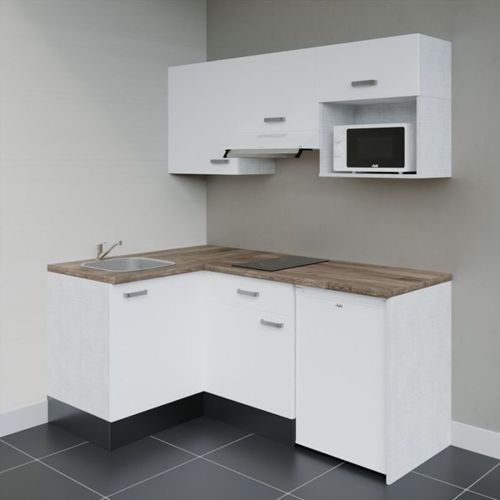 Kitchenette D'angle Ka03l-pt-façade Blanc-plan Bois-evier Inox-crédences Non+electro Blanc