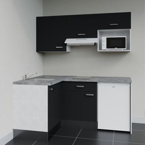Kitchenette D'angle Ka03l-pt-façade Noir-plan Gris Béton-evier Inox-crédences Non+electro Blanc