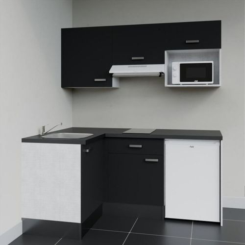 Kitchenette D'angle Ka03l-pt-façade Noir-plan Noir Texturé-evier Inox-crédences Non+electro Blanc
