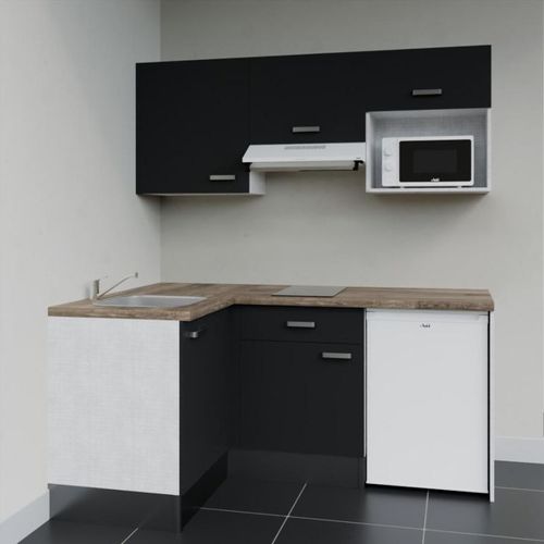 Kitchenette D'angle Ka03l-pt-façade Noir-plan Bois-evier Inox-crédences Non+electro Blanc