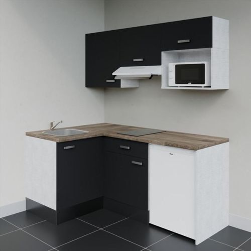 Kitchenette D'angle Ka03l-pt-façade Noir-plan Bois-evier Inox-crédences Non+electro Blanc