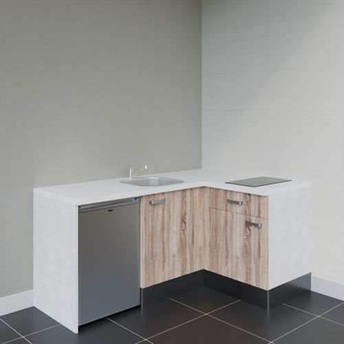 Kitchenette D'angle Ka01l-pt-façade Bois-plan Blanc-evier Inox-crédences Non+electro Inox
