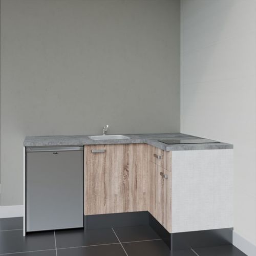 Kitchenette D'angle Ka01l-pt-façade Bois-plan Gris Béton-evier Inox-crédences Non+electro Inox