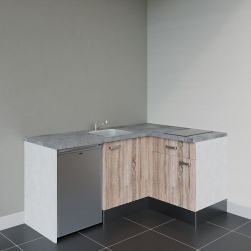 Kitchenette D'angle Ka01l-pt-façade Bois-plan Gris Béton-evier Inox-crédences Non+electro Inox