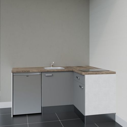 Kitchenette D'angle Ka01l-pt-façade Gris-plan Bois-evier Inox-crédences Non+electro Inox