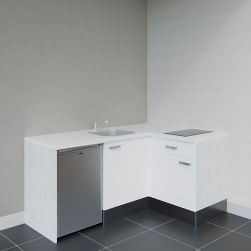 Kitchenette D'angle Ka01l-pt-façade Blanc-plan Blanc-evier Inox-crédences Non+electro Inox