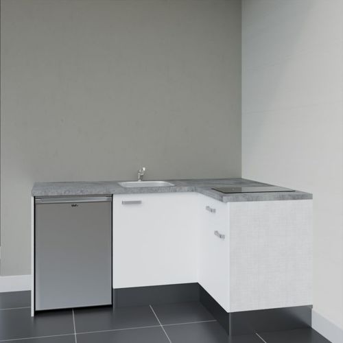 Kitchenette D'angle Ka01l-pt-façade Blanc-plan Gris Béton-evier Inox-crédences Non+electro Inox