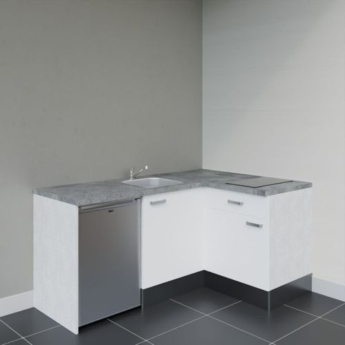 Kitchenette D'angle Ka01l-pt-façade Blanc-plan Gris Béton-evier Inox-crédences Non+electro Inox