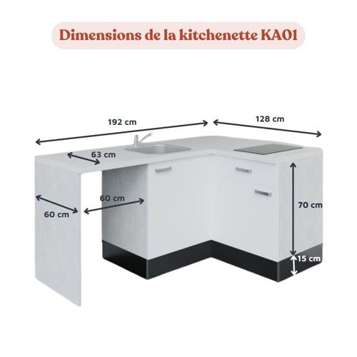 Kitchenette D'angle Ka01l-pt-façade Blanc-plan Noir Texturé-evier Inox-crédences Non+electro Inox