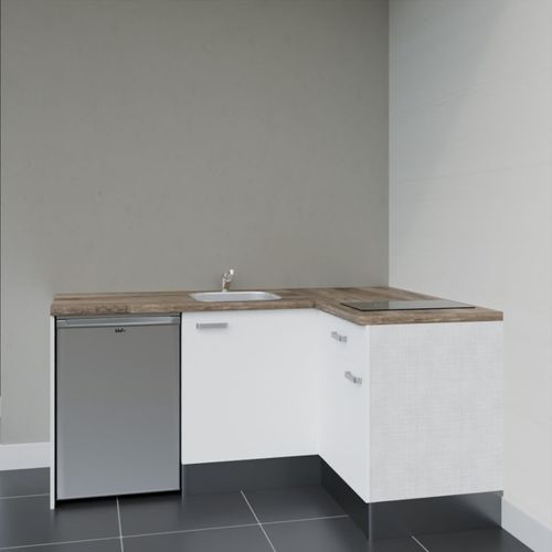 Kitchenette D'angle Ka01l-pt-façade Blanc-plan Bois-evier Inox-crédences Non+electro Inox