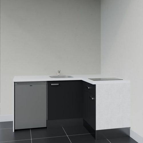 Kitchenette D'angle Ka01l-pt-façade Noir-plan Blanc-evier Inox-crédences Non+electro Inox