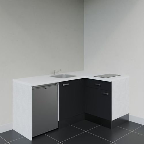 Kitchenette D'angle Ka01l-pt-façade Noir-plan Blanc-evier Inox-crédences Non+electro Inox