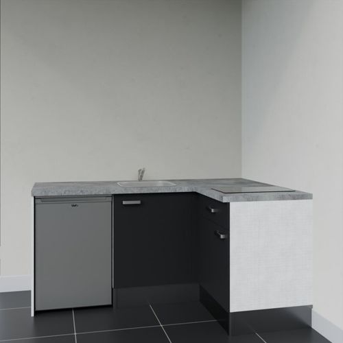 Kitchenette D'angle Ka01l-pt-façade Noir-plan Gris Béton-evier Inox-crédences Non+electro Inox