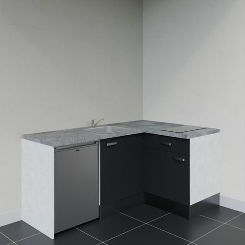 Kitchenette D'angle Ka01l-pt-façade Noir-plan Gris Béton-evier Inox-crédences Non+electro Inox