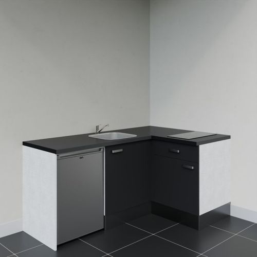 Kitchenette D'angle Ka01l-pt-façade Noir-plan Noir Texturé-evier Inox-crédences Non+electro Inox