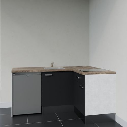 Kitchenette D'angle Ka01l-pt-façade Noir-plan Bois-evier Inox-crédences Non+electro Inox