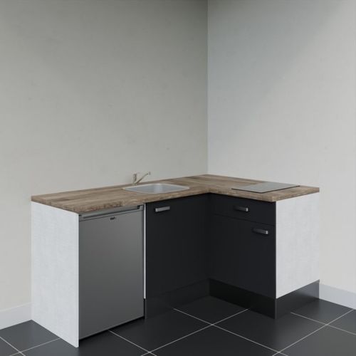 Kitchenette D'angle Ka01l-pt-façade Noir-plan Bois-evier Inox-crédences Non+electro Inox
