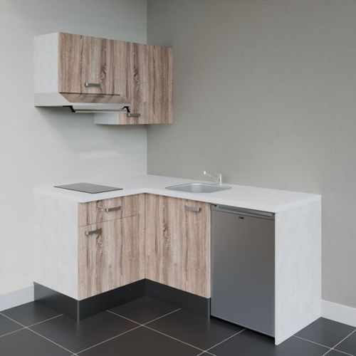 Kitchenette D'angle Ka02l-pt-façade Bois-plan Blanc-evier Inox-crédences Non+electro Inox