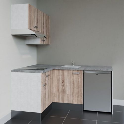 Kitchenette D'angle Ka02l-pt-façade Bois-plan Gris Béton-evier Inox-crédences Non+electro Inox