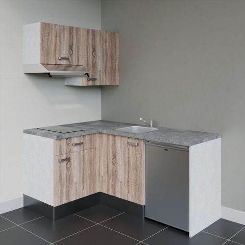 Kitchenette D'angle Ka02l-pt-façade Bois-plan Gris Béton-evier Inox-crédences Non+electro Inox