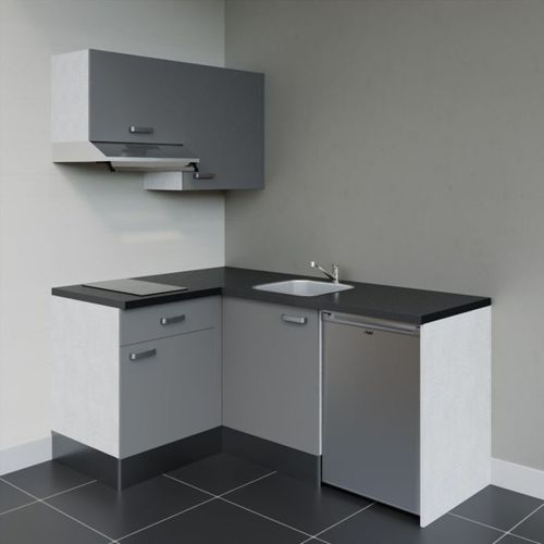 Kitchenette D'angle Ka02l-pt-façade Gris-plan Noir Texturé-evier Inox-crédences Non+electro Inox