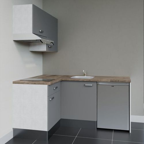 Kitchenette D'angle Ka02l-pt-façade Gris-plan Bois-evier Inox-crédences Non+electro Inox