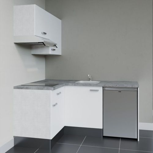 Kitchenette D'angle Ka02l-pt-façade Blanc-plan Gris Béton-evier Inox-crédences Non+electro Inox