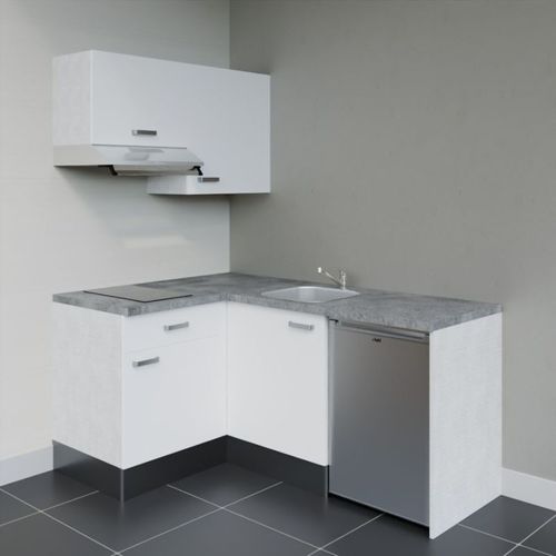 Kitchenette D'angle Ka02l-pt-façade Blanc-plan Gris Béton-evier Inox-crédences Non+electro Inox