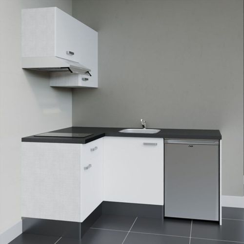 Kitchenette D'angle Ka02l-pt-façade Blanc-plan Noir Texturé-evier Inox-crédences Non+electro Inox