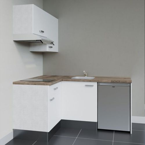 Kitchenette D'angle Ka02l-pt-façade Blanc-plan Bois-evier Inox-crédences Non+electro Inox