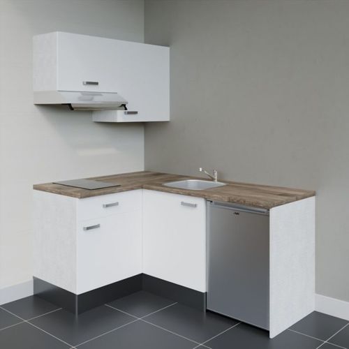 Kitchenette D'angle Ka02l-pt-façade Blanc-plan Bois-evier Inox-crédences Non+electro Inox