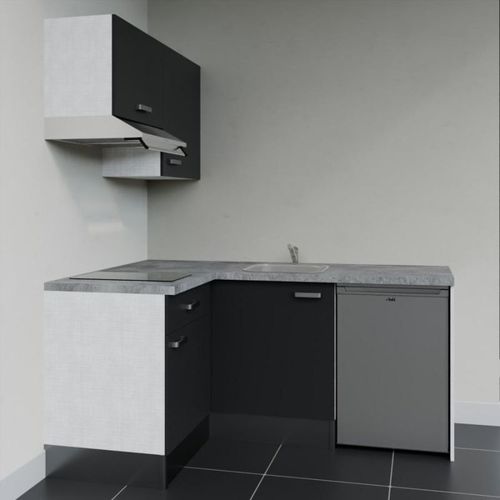 Kitchenette D'angle Ka02l-pt-façade Noir-plan Gris Béton-evier Inox-crédences Non+electro Inox
