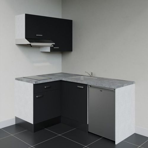 Kitchenette D'angle Ka02l-pt-façade Noir-plan Gris Béton-evier Inox-crédences Non+electro Inox