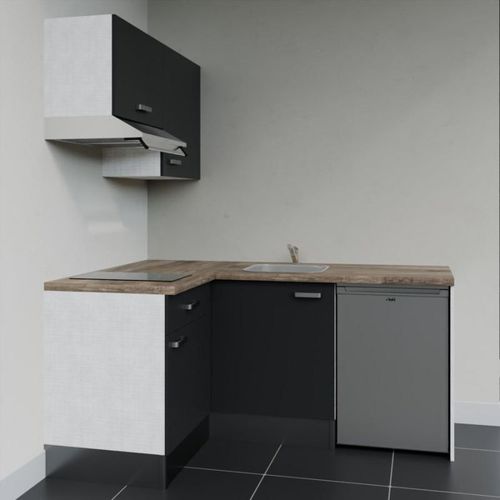 Kitchenette D'angle Ka02l-pt-façade Noir-plan Bois-evier Inox-crédences Non+electro Inox