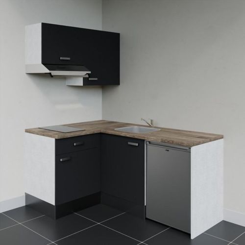 Kitchenette D'angle Ka02l-pt-façade Noir-plan Bois-evier Inox-crédences Non+electro Inox