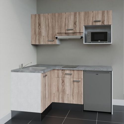 Kitchenette D'angle Ka03l-pt-façade Bois-plan Gris Béton-evier Inox-crédences Non+electro Inox