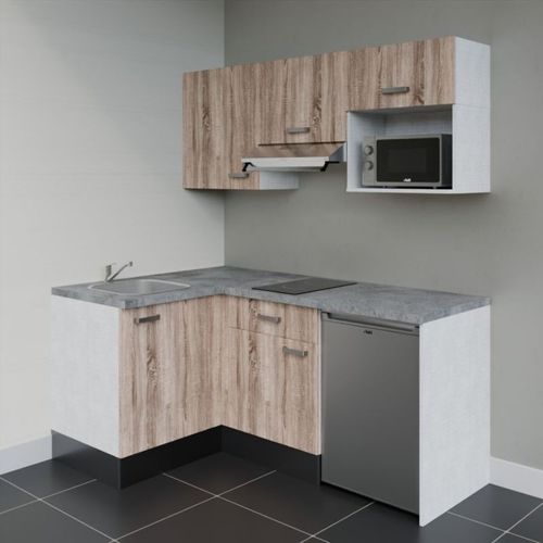 Kitchenette D'angle Ka03l-pt-façade Bois-plan Gris Béton-evier Inox-crédences Non+electro Inox