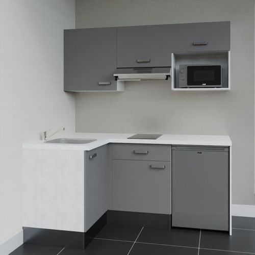 Kitchenette D'angle Ka03l-pt-façade Gris-plan Blanc-evier Inox-crédences Non+electro Inox