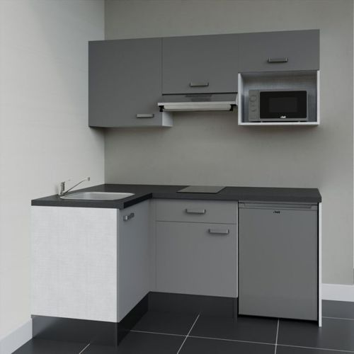 Kitchenette D'angle Ka03l-pt-façade Gris-plan Noir Texturé-evier Inox-crédences Non+electro Inox