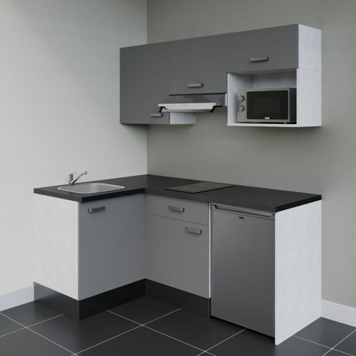 Kitchenette D'angle Ka03l-pt-façade Gris-plan Noir Texturé-evier Inox-crédences Non+electro Inox