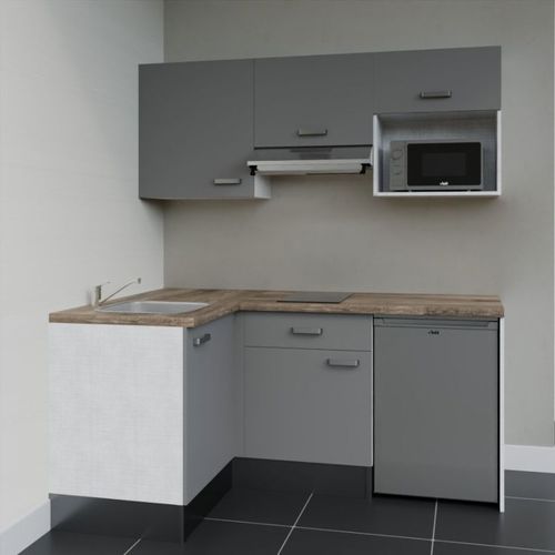 Kitchenette D'angle Ka03l-pt-façade Gris-plan Bois-evier Inox-crédences Non+electro Inox