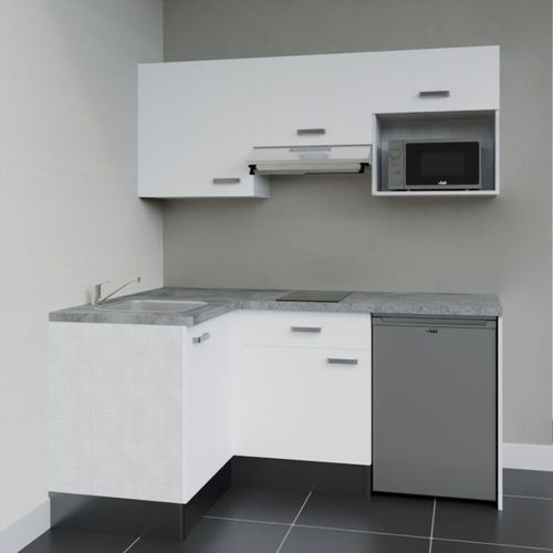 Kitchenette D'angle Ka03l-pt-façade Blanc-plan Gris Béton-evier Inox-crédences Non+electro Inox