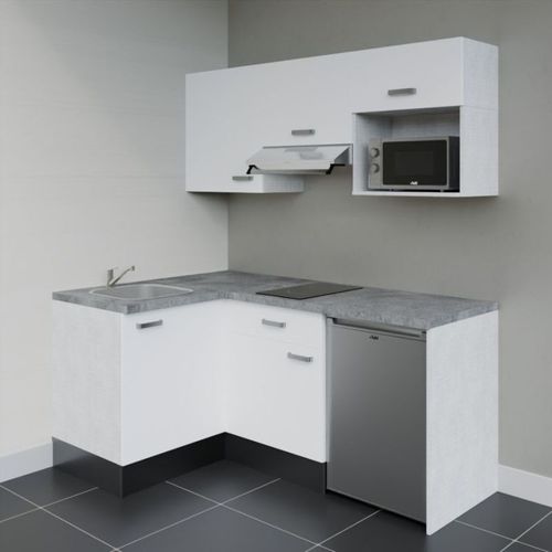 Kitchenette D'angle Ka03l-pt-façade Blanc-plan Gris Béton-evier Inox-crédences Non+electro Inox