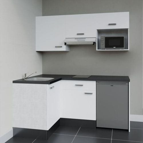 Kitchenette D'angle Ka03l-pt-façade Blanc-plan Noir Texturé-evier Inox-crédences Non+electro Inox
