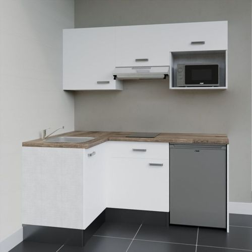 Kitchenette D'angle Ka03l-pt-façade Blanc-plan Bois-evier Inox-crédences Non+electro Inox