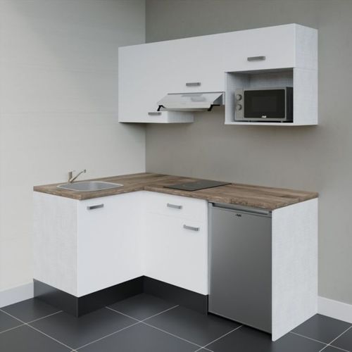 Kitchenette D'angle Ka03l-pt-façade Blanc-plan Bois-evier Inox-crédences Non+electro Inox
