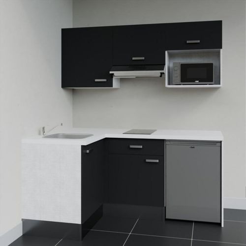 Kitchenette D'angle Ka03l-pt-façade Noir-plan Blanc-evier Inox-crédences Non+electro Inox