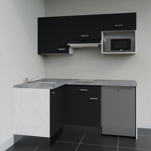 Kitchenette D'angle Ka03l-pt-façade Noir-plan Gris Béton-evier Inox-crédences Non+electro Inox