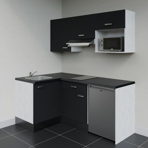 Kitchenette D'angle Ka03l-pt-façade Noir-plan Noir Texturé-evier Inox-crédences Non+electro Inox